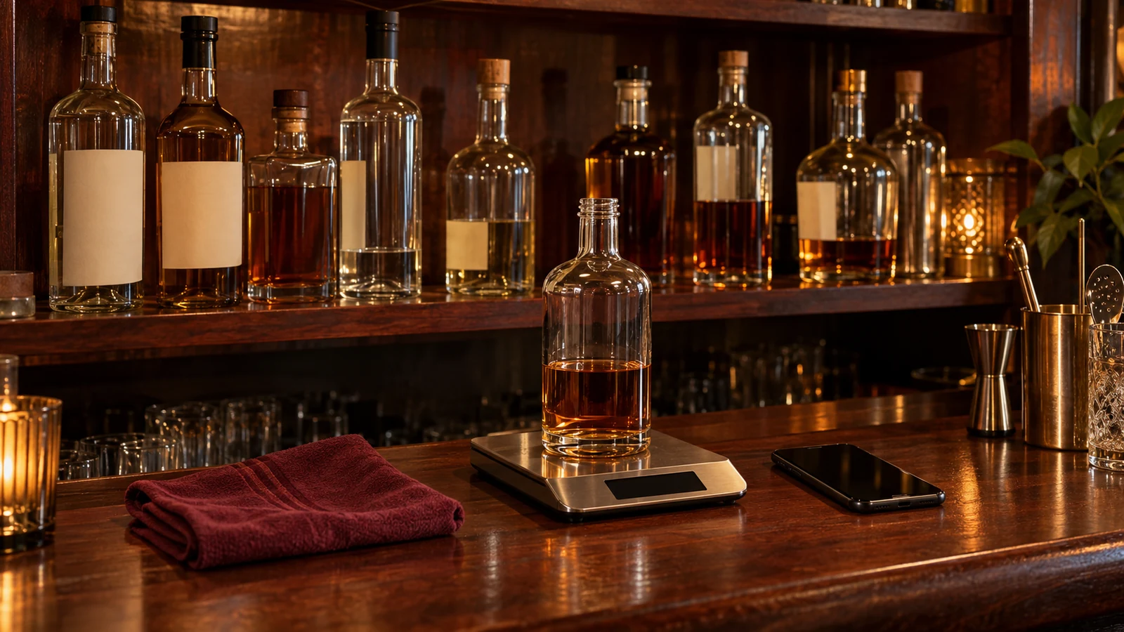 Illustration of a back-bar shelf of unlabelled spirit bottles with a small digital scale and a phone on the counter during a stock count