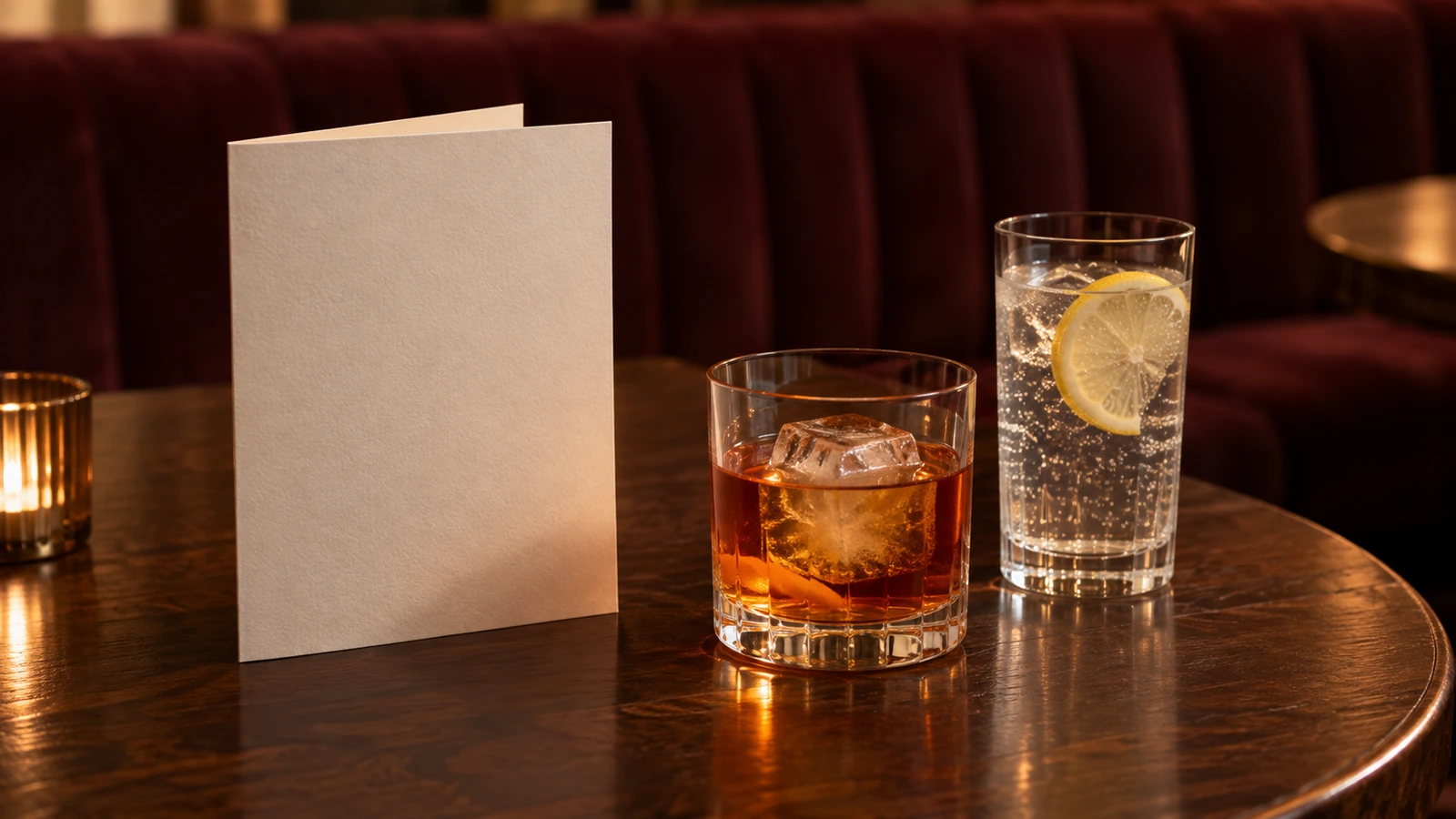 Illustration of an unprinted folded drinks menu card on a dark wooden bar beside two cocktails and a glass of sparkling water
