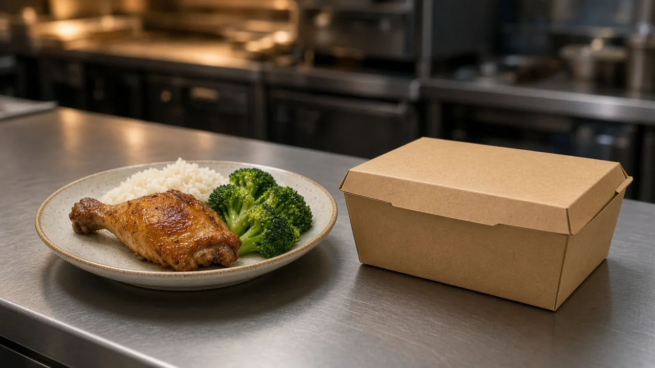 Illustration of a plated meal beside a closed delivery container on a stainless pass. Not a measured arrival test.