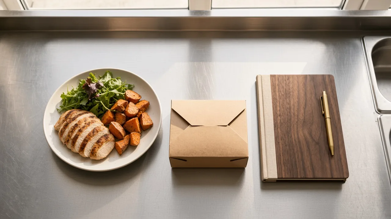 Plated meal, closed takeaway box, and a blank notebook with a pen on a stainless restaurant pass