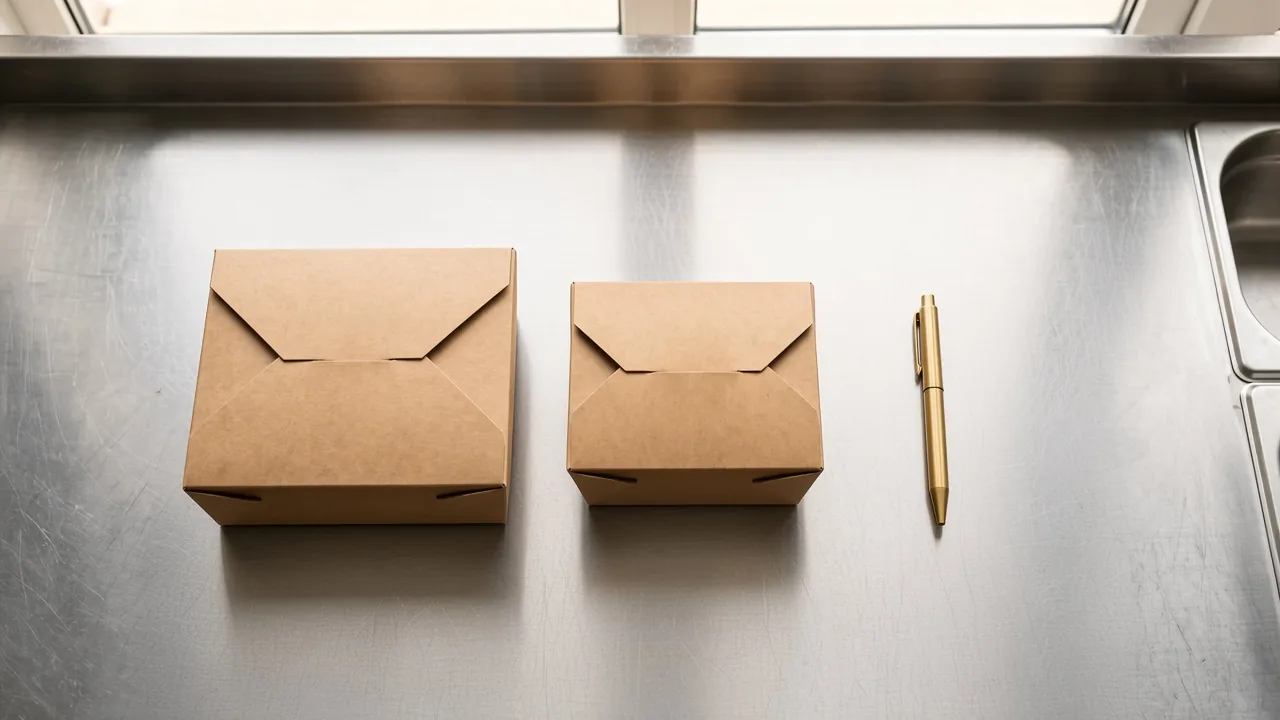 Two closed takeaway boxes and a pen on a stainless counter