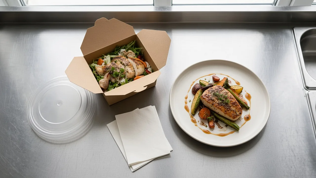 Plated dish beside an open takeaway box, a clear lid, and napkins on a stainless counter