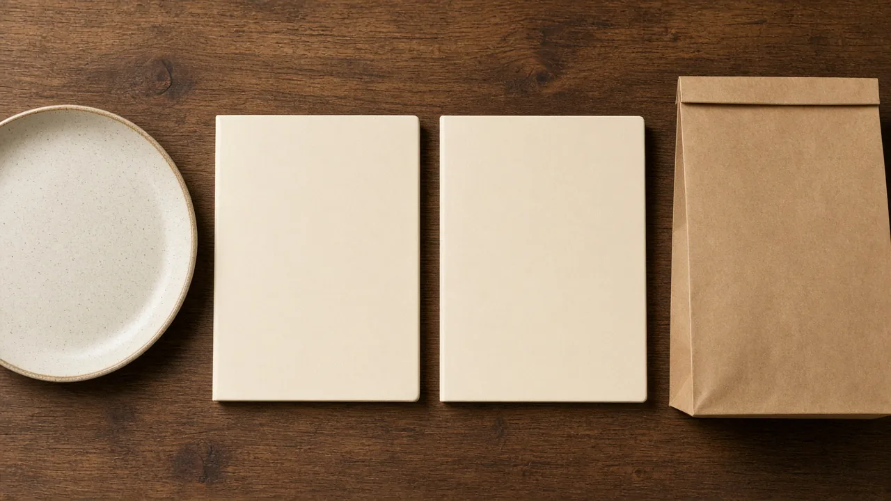 Two blank menu covers between a dinner plate and a kraft pickup bag on a wood surface
