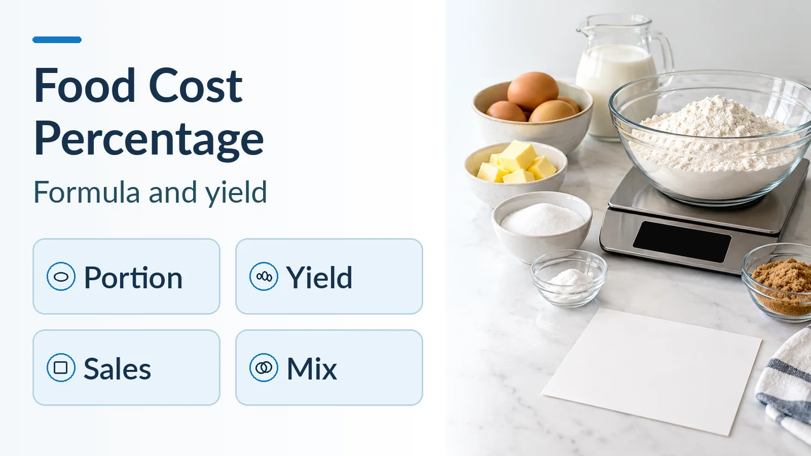 Ingredient bowls, a blank scale display, and a blank recipe card on a counter
