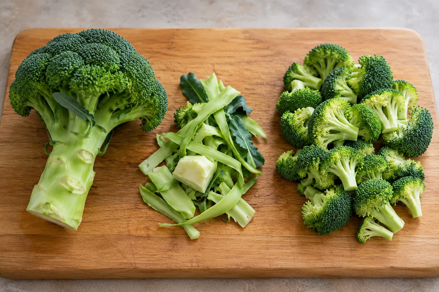One broccoli crown, a pile of trim, and the usable florets on a board