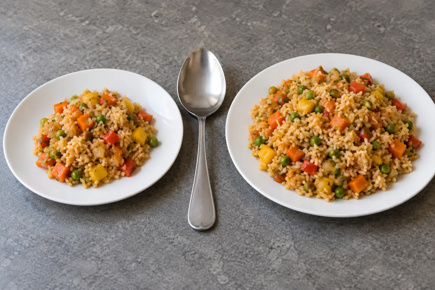 Two plates of the same rice dish, one smaller portion and one larger portion, with a serving spoon