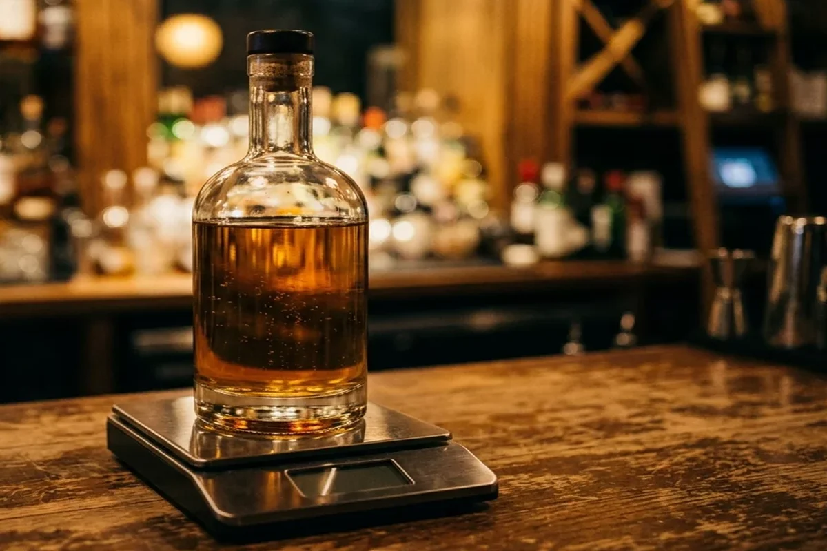 Unlabelled glass bottle of amber liquid resting on a brushed stainless steel digital scale on a worn wooden bar counter