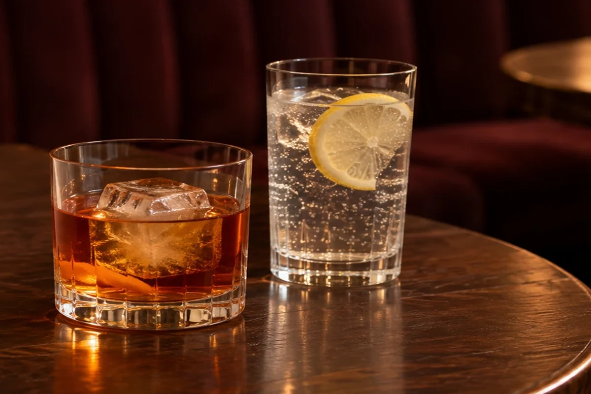 Two beverage glasses on a dark wooden bar table in front of burgundy booth seating