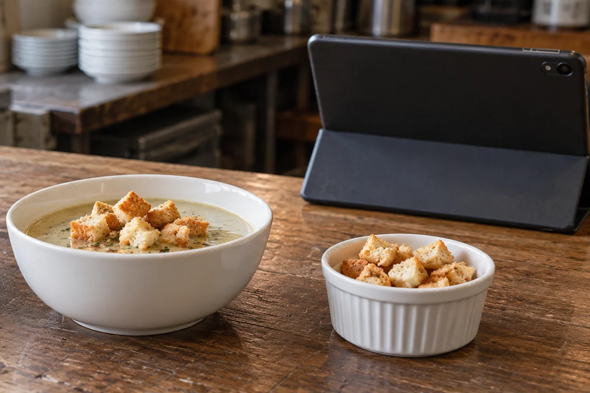 Ceramic bowl of soup with toasted croutons and a ramekin of croutons on a worn wooden counter beside the rear casing of a dark POS tablet stand