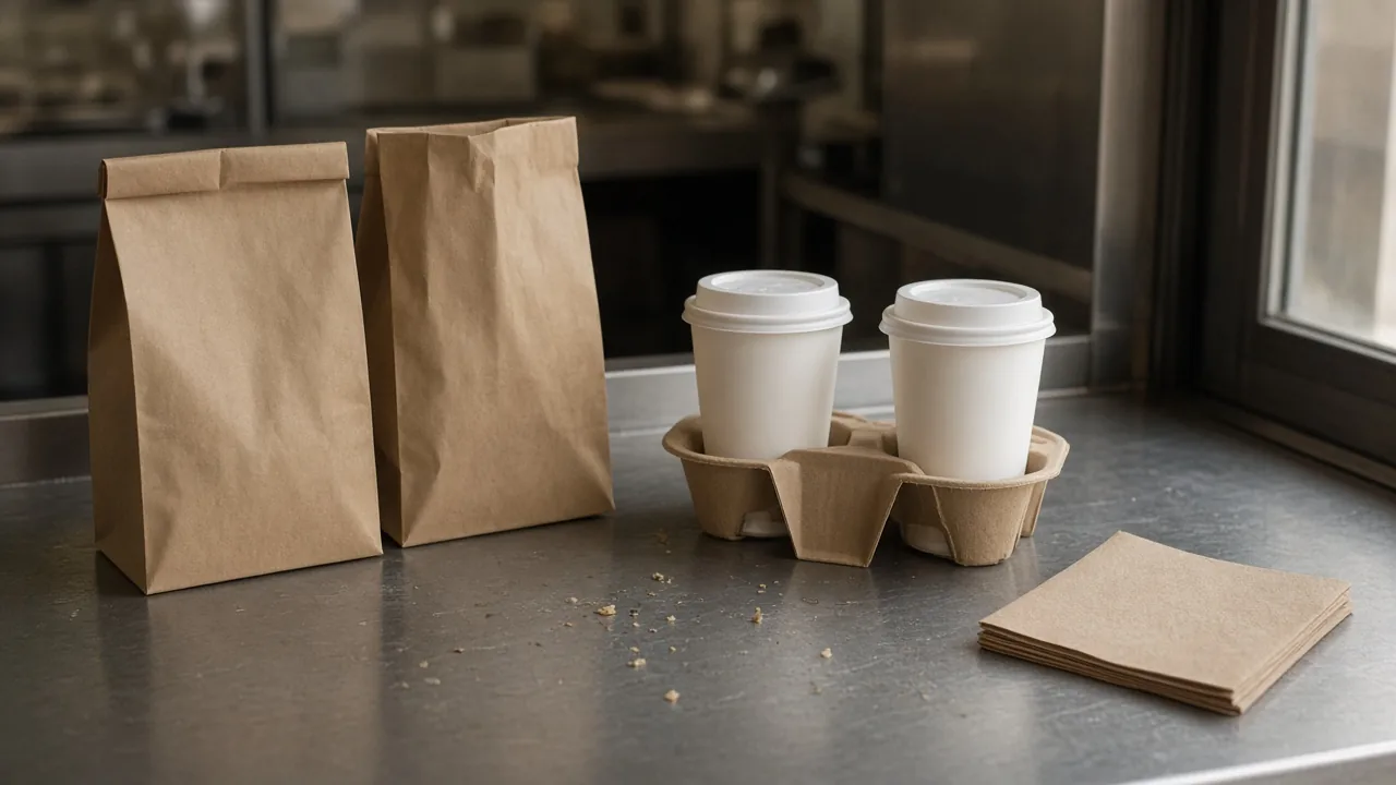 Two closed paper bags and a plain drink carrier on a stainless pass.