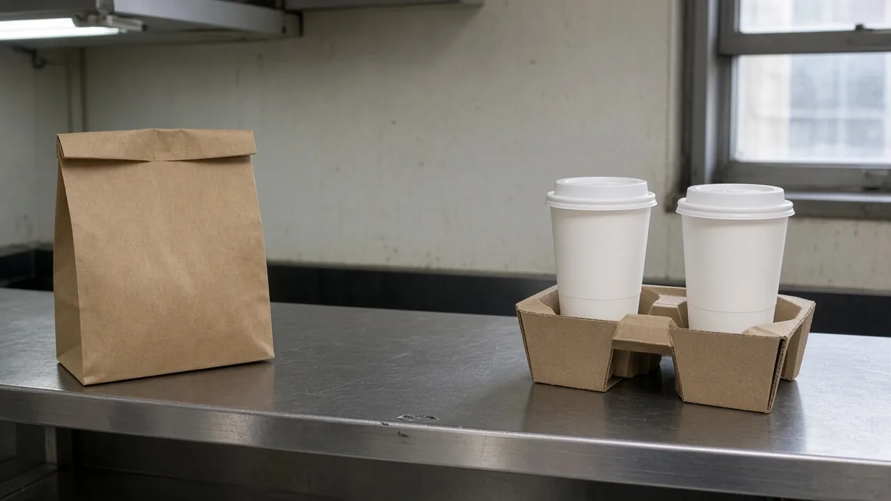 A closed paper bag set apart from a drink carrier on a stainless shelf