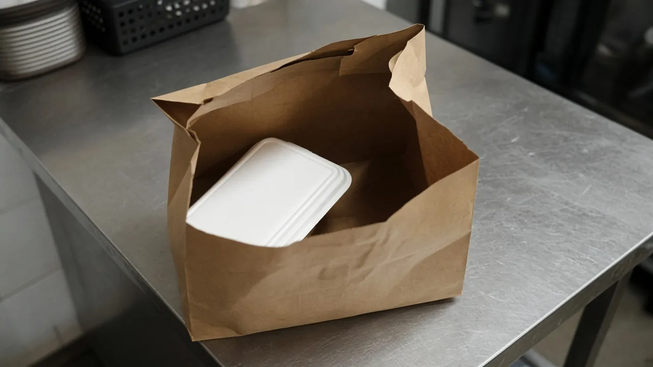 An opened paper bag with one closed container and empty space beside it