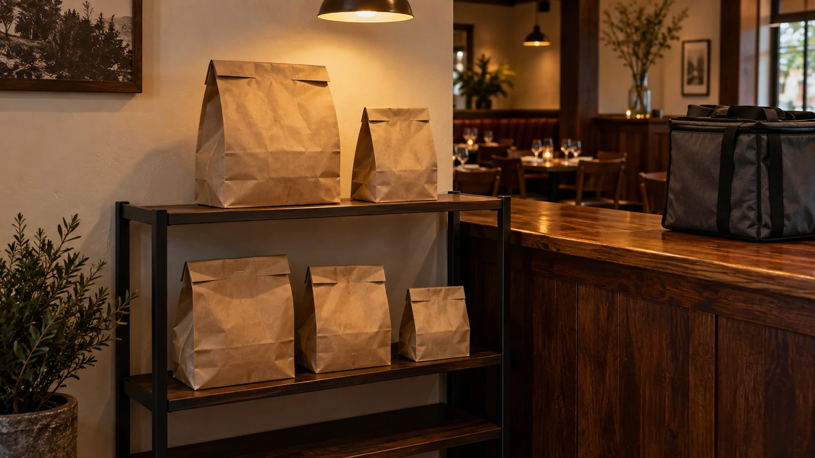 Illustration of bagged takeaway orders waiting on a restaurant pickup shelf beside the service counter