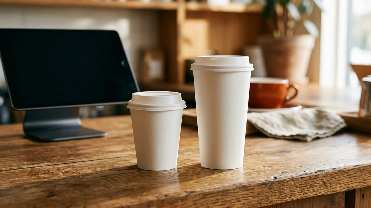 Two plain white takeaway cups of different sizes on a wooden cafe counter