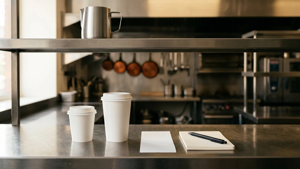 Plain takeaway cups beside an unprinted receipt strip, a blank notepad and a pen on a restaurant pass