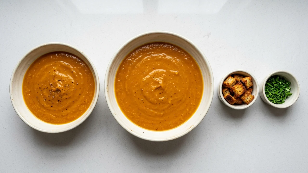 Two different-sized bowls of soup beside separate ramekins of croutons and chopped herbs