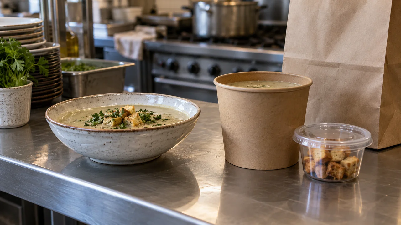 A ceramic bowl of soup beside a kraft soup tub, a clear cup of croutons and a plain paper bag