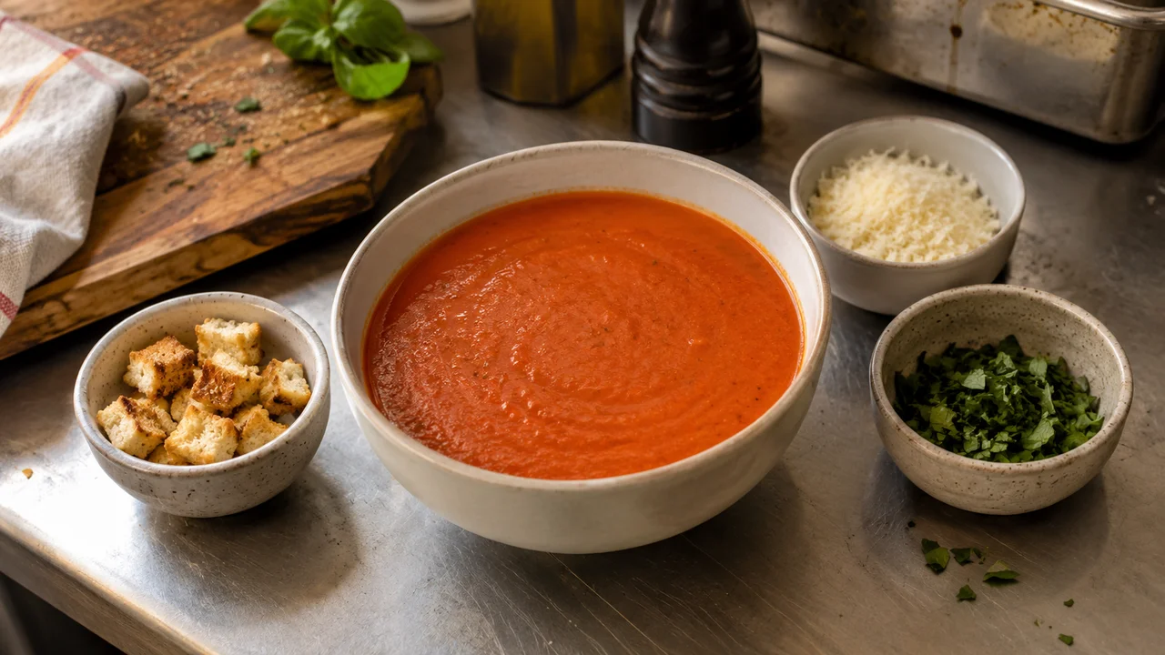 A bowl of tomato soup beside separate bowls of croutons, grated cheese and chopped herbs