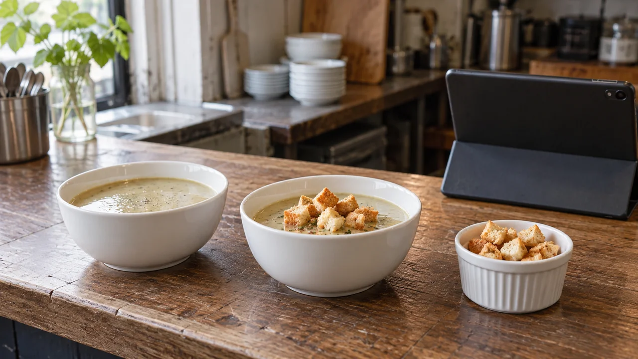 Two white bowls of soup, one with croutons and one without, beside a ramekin and the back of a tablet
