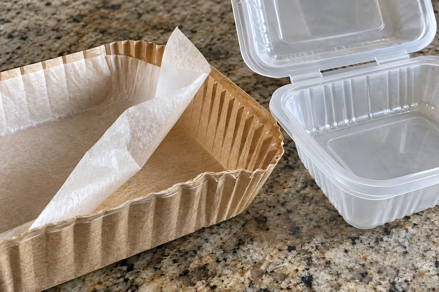 Opened fluted paper pack with a separate lining beside an open polypropylene box
