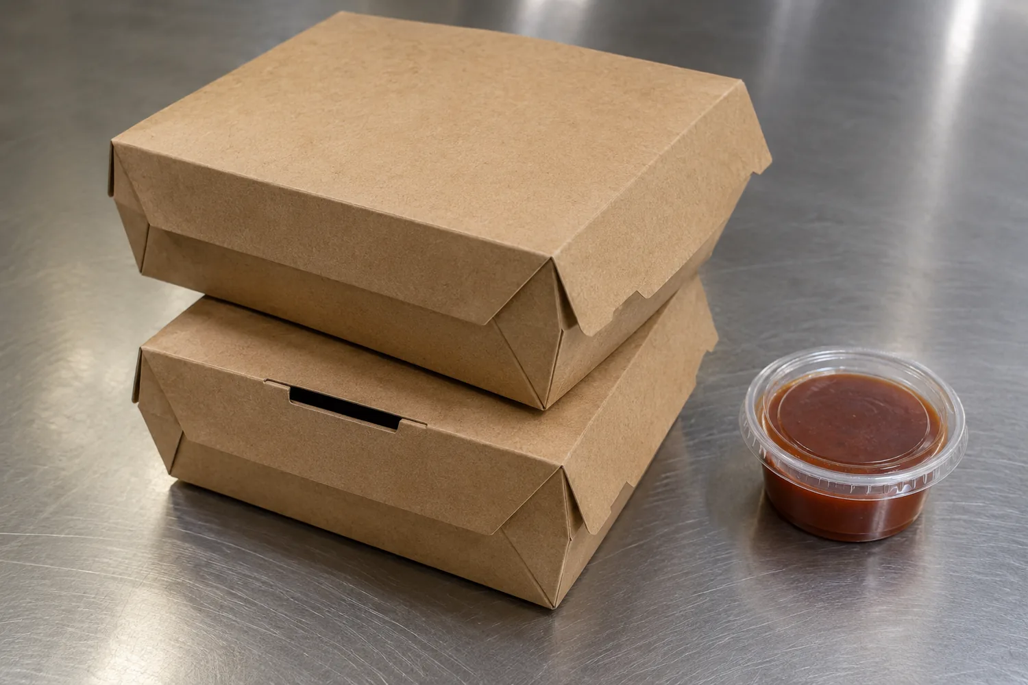 Two kraft boxes stacked so the lower lid vent stays uncovered, beside a sauce cup