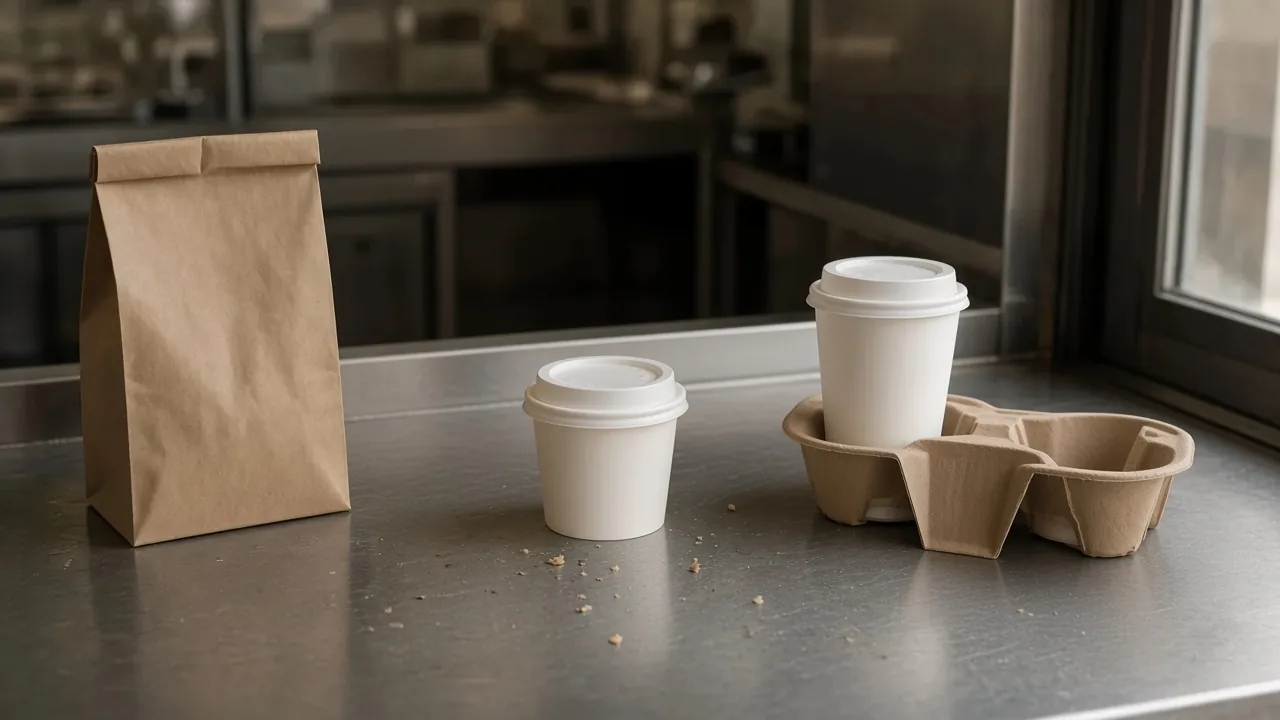 A closed paper bag, a small lidded cup, and a drink cup in a carrier on a stainless pass