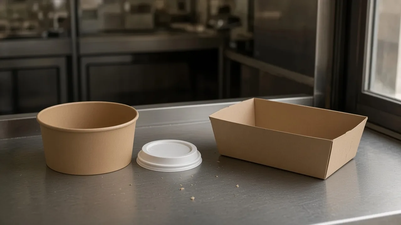 A kraft bowl, a white lid, and an open paperboard tray on a stainless pass.