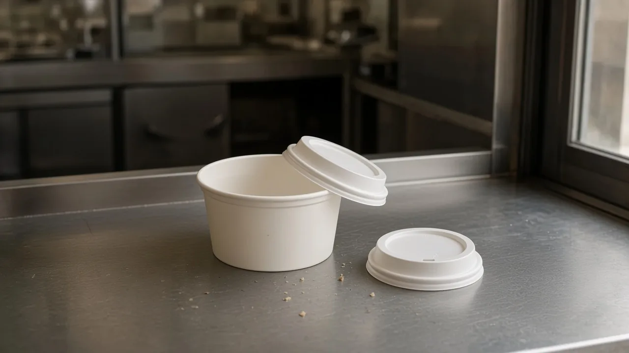A white bowl with one lid tipped on the rim and a second lid beside it